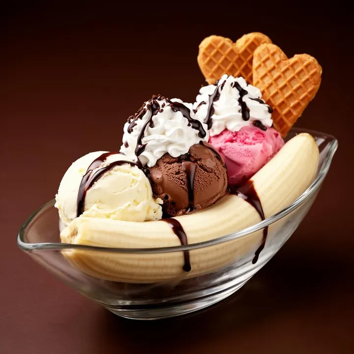 Bananensplit – Frische Banane mit drei Kugeln Eis, Schokosauce und Sahne
