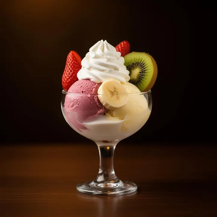 Fruchtbecher – Drei Kugeln Eis mit frischen Früchten der Saison und Sahne