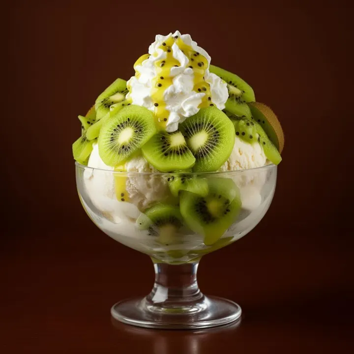 Kiwibecher – Eis mit frischer Kiwi, Kiwisauce und Sahne