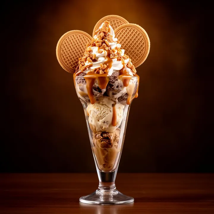 Krokantbecher – Gemischtes Eis, Krokantsplitter, Karamell-Sauce und Sahne