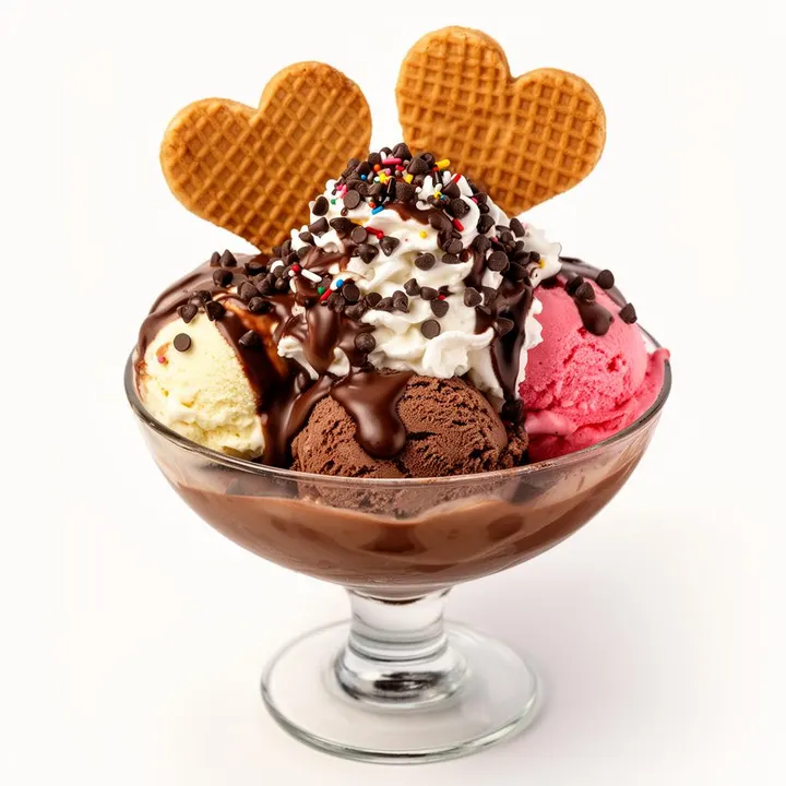 Schokobecher – Gemischtes Eis, Schokosplitter, Schokosauce und Sahne